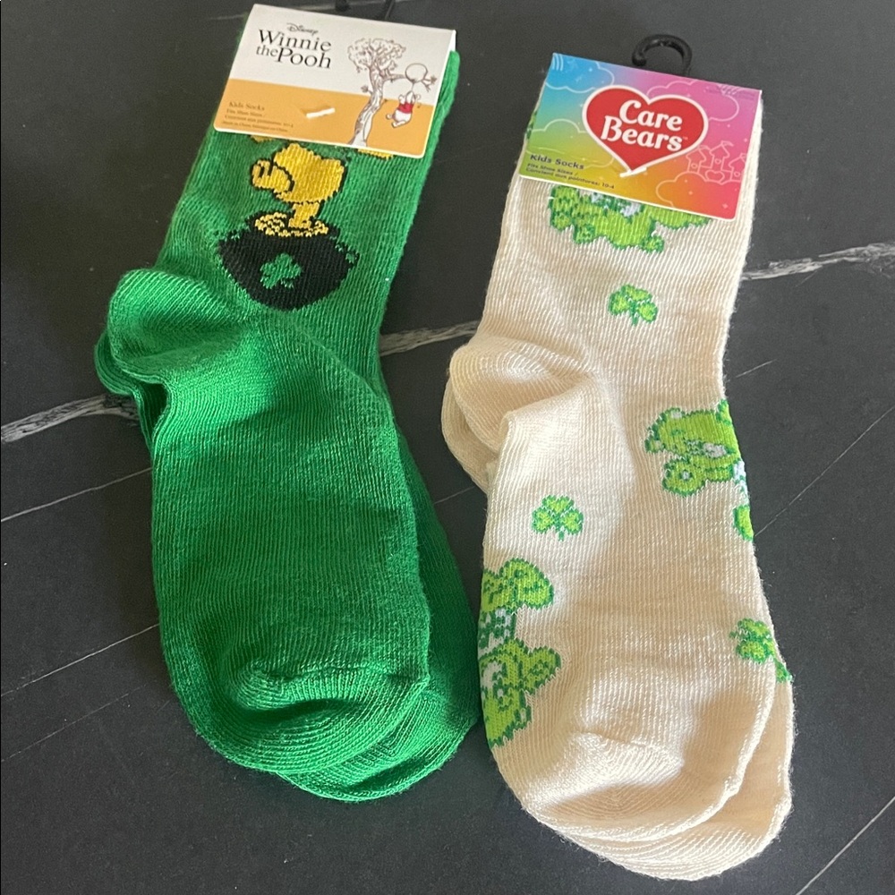 Two Disney Green and Cream Character Socks Winnie the Pooh and Care Bears NWT